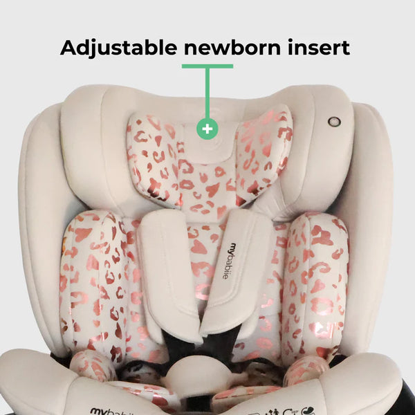My Babiie MBCS400 spin R129 infant car seat in cream with pink leopard print adjustable newborn insert and padded sides