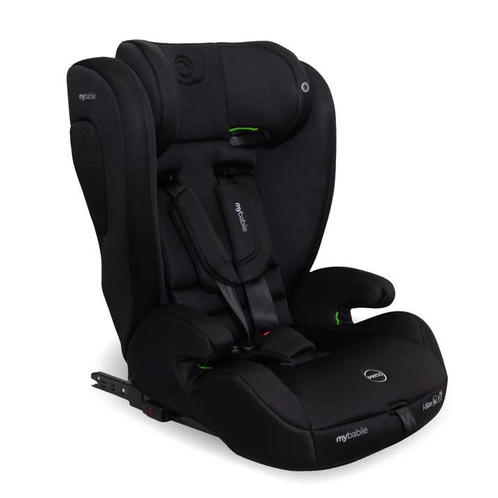 My Babiie MBCS75 toddler to booster car seat in black with green stitching and ISOFIX for child safety and comfort
