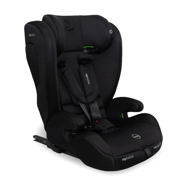 My Babiie MBCS75 toddler to booster car seat in black with green stitching and ISOFIX for child safety and comfort