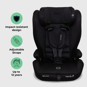 Black mybabiie i-size convertible toddler to booster car seat with green accent stitching and adjustable straps