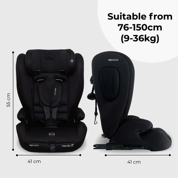 Black mybabie mbcs75 toddler to booster car seat with green accent stitching and mesh backrest panel with isofix