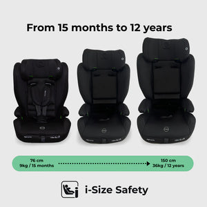 My babiie mbcs75 toddler to booster r129 car seat in black with green accent stitching and iso fix convertible design