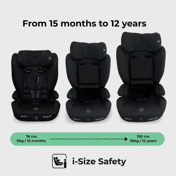 My babiie mbcs75 toddler to booster r129 car seat in black with green accent stitching and iso fix convertible design