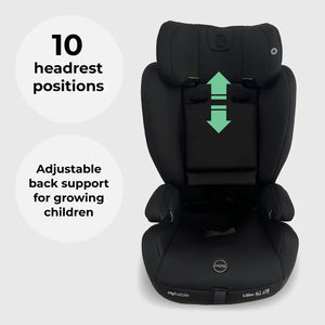 Black mybabie press convertible toddler to booster car seat with adjustable headrest and back support for growing children