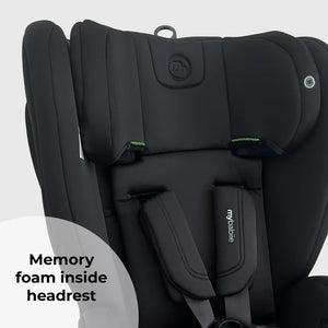 My babie mbcs75 toddler to booster car seat in black with memory foam headrest and green accent stitching