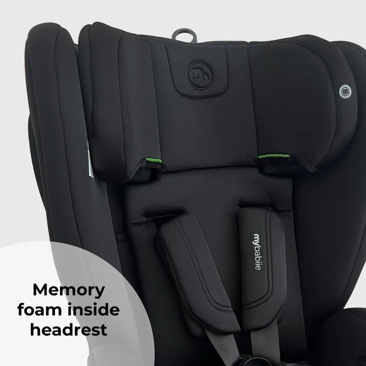 My babie mbcs75 toddler to booster car seat in black with memory foam headrest and green accent stitching