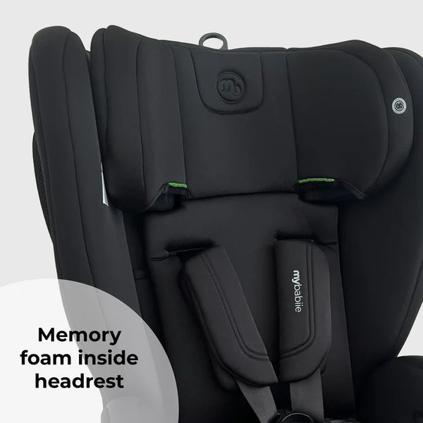 My babie mbcs75 toddler to booster car seat in black with memory foam headrest and green accent stitching