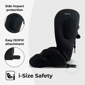 Black mybabiie toddler to booster r129 car seat with mesh side impact protection and easy isofix attachment