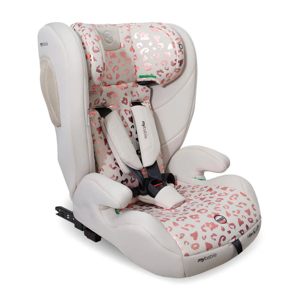 Pink and white leopard-print mybabie toddler to booster car seat with soft padded design and isofix system