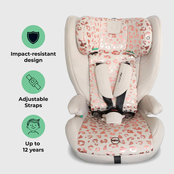 My babiie mbcs75 pink leopard-print toddler to booster car seat with white accents and adjustable straps and isofix