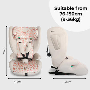 My Babiie MBCS75 pink leopard toddler to booster car seat with ISOFIX featuring a soft white and pink leopard-print design