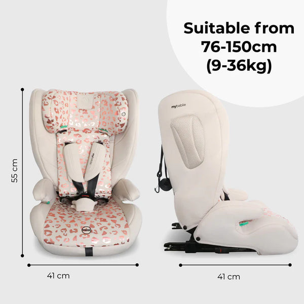My Babiie MBCS75 pink leopard toddler to booster car seat with ISOFIX featuring a soft white and pink leopard-print design