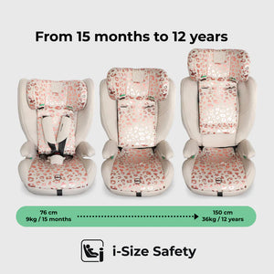 My babiie mbcs75 pink leopard-print toddler to booster car seat with beige frame and isofix for ages 15 months to 12 years