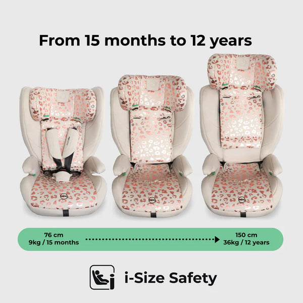 My babiie mbcs75 pink leopard-print toddler to booster car seat with beige frame and isofix for ages 15 months to 12 years