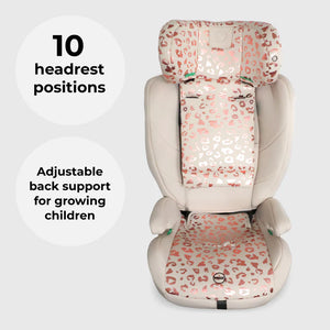 My babiie mbcs75 toddler to booster r129 car seat in pink and white leopard print with beige fabric accents and isofix