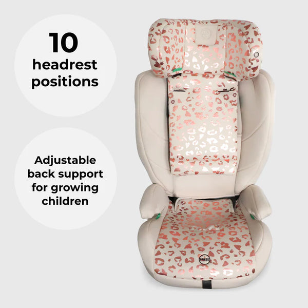 My babiie mbcs75 toddler to booster r129 car seat in pink and white leopard print with beige fabric accents and isofix