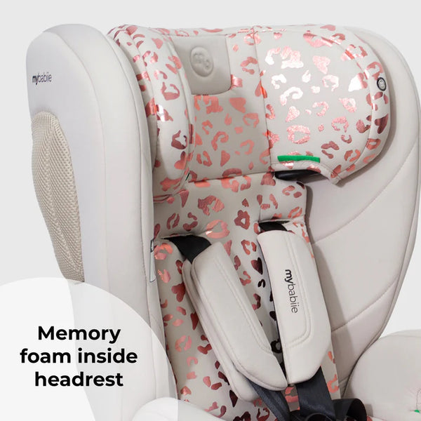 My babiie mbcs75 toddler to booster car seat in pink leopard print with memory foam headrest and isofix