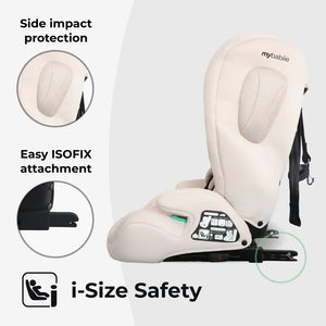 Cream-colored mybabiiie convertible toddler to booster car seat with mesh panels black harness straps isofix pink leopard