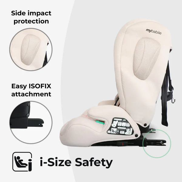 Cream-colored mybabiiie convertible toddler to booster car seat with mesh panels black harness straps isofix pink leopard