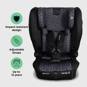 Black and gray leopard-print mybablie foldable i-size isofix convertible toddler booster seat with adjustable straps