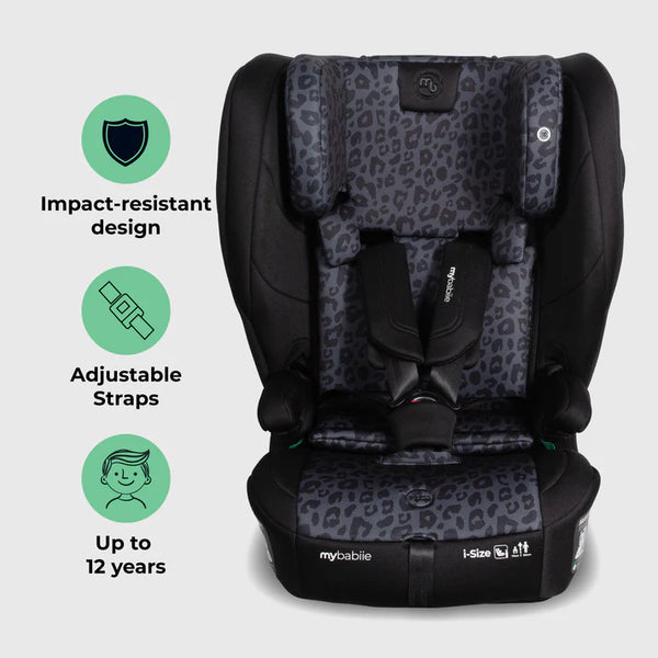 Black and gray leopard-print mybablie foldable i-size isofix convertible toddler booster seat with adjustable straps