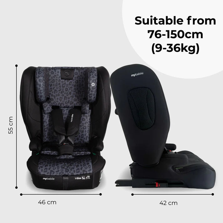 My babie black and gray leopard-print foldable i-size isofix convertible toddler booster car seat