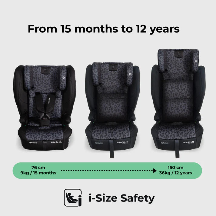 My babiie mbcs80 black and gray leopard-print foldable i-size isofix toddler booster seat with modern design