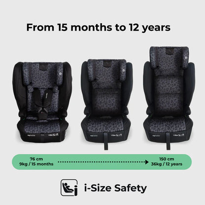 My babiie mbcs80 black and gray leopard-print foldable i-size isofix toddler booster seat with modern design