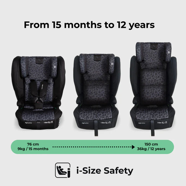 My babiie mbcs80 black and gray leopard-print foldable i-size isofix toddler booster seat with modern design