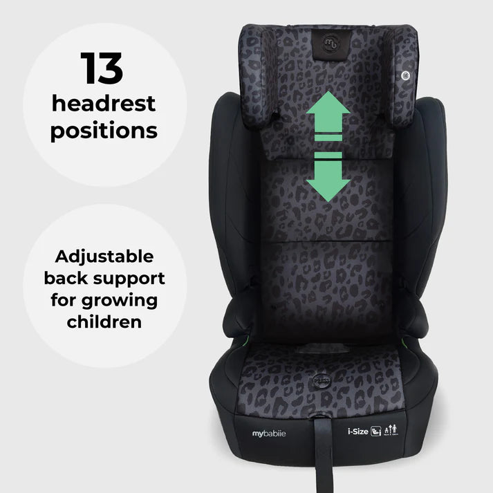 Black leopard-print my babiie mbcs80 foldable i-size isofix toddler booster seat with adjustable headrest and back support