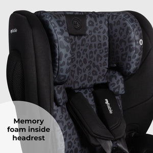 Gray leopard-print headrest with black accents and mybabie branding on my babiie mbcs80 foldable isofix toddler booster seat