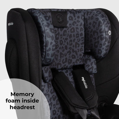 Gray leopard-print headrest with black accents and mybabie branding on my babiie mbcs80 foldable isofix toddler booster seat