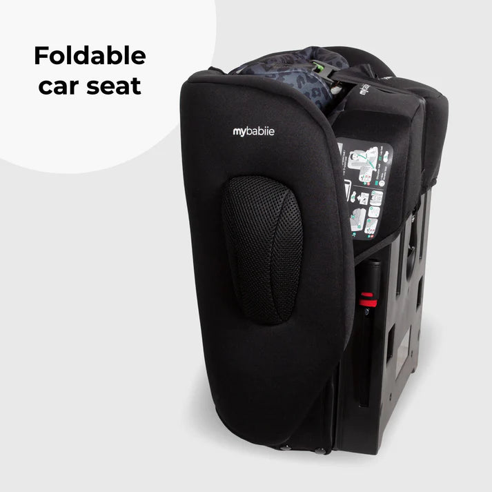 Black mybabiie foldable i-size isofix toddler booster seat with mesh backrest and patterned fabric insert