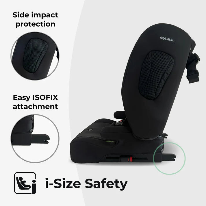 My babie mbcs80 foldable i-size isofix toddler booster seat in black leopard with mesh panels and modern design