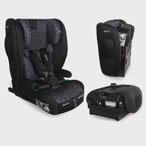 Black and gray leopard-print mybublie convertible car seat with sleek modern design for toddler booster use