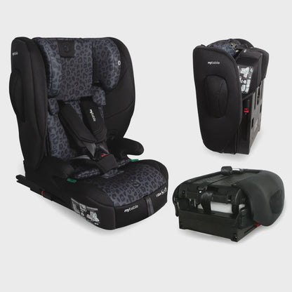 Black and gray leopard-print mybublie convertible car seat with sleek modern design for toddler booster use