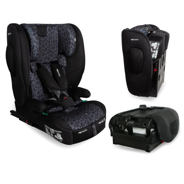 Black and gray leopard-print mybublie foldable i-size isofix toddler booster car seat with sleek modern design