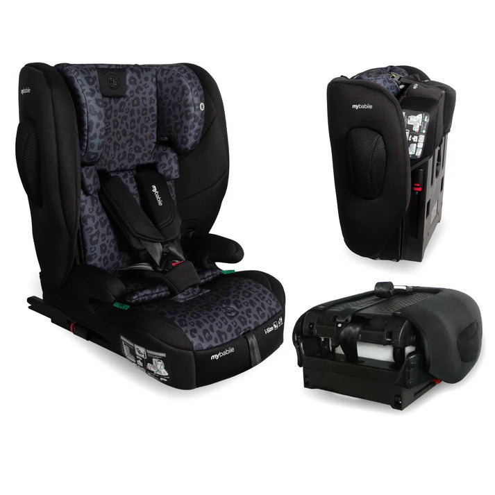 Black and gray leopard-print mybublie foldable i-size isofix toddler booster car seat with sleek modern design