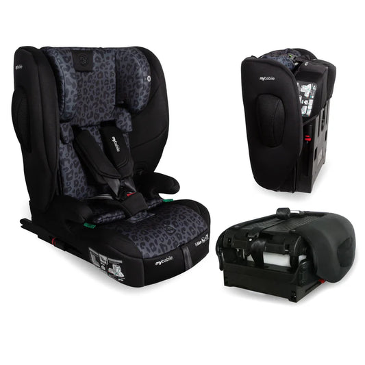 Black and gray leopard-print mybublie foldable i-size isofix toddler booster car seat with sleek modern design