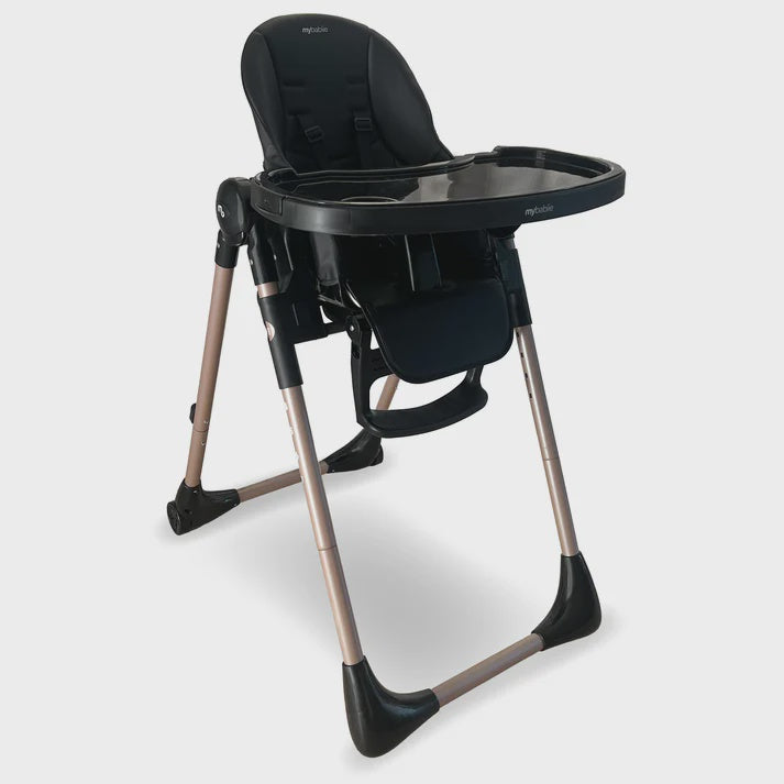 My Babiie MBHC9 Luxe highchair in black and rose gold with padded seat, adjustable tray, and footrest