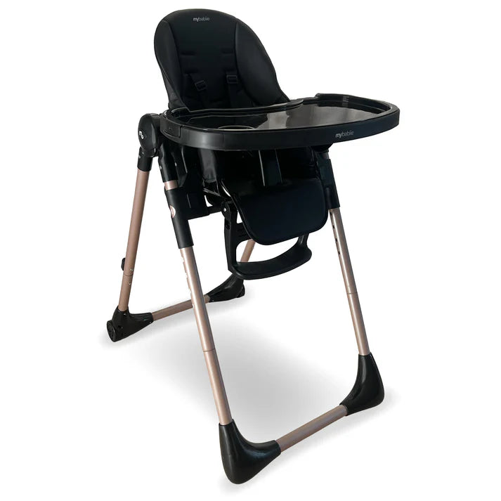 My Babiie MBHC9 Luxe highchair in black and rose gold with padded seat, adjustable tray, and footrest for babies