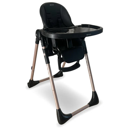 My Babiie MBHC9 Luxe highchair in black and rose gold with padded seat, adjustable tray, and footrest for babies