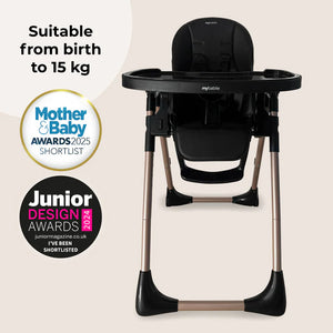 My Babiie MBHC9 luxe highchair in black with rose gold metallic legs featuring a sleek modern design
