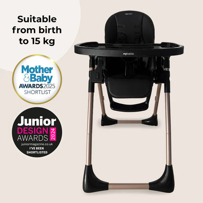 My Babiie MBHC9 luxe highchair in black with rose gold metallic legs featuring a sleek modern design