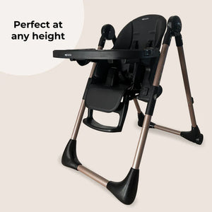 My Babiie MBHC9 Luxe highchair in black and rose gold with adjustable padded seat, tray, and footrest