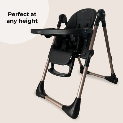 My Babiie MBHC9 Luxe highchair in black and rose gold with adjustable padded seat, tray, and footrest