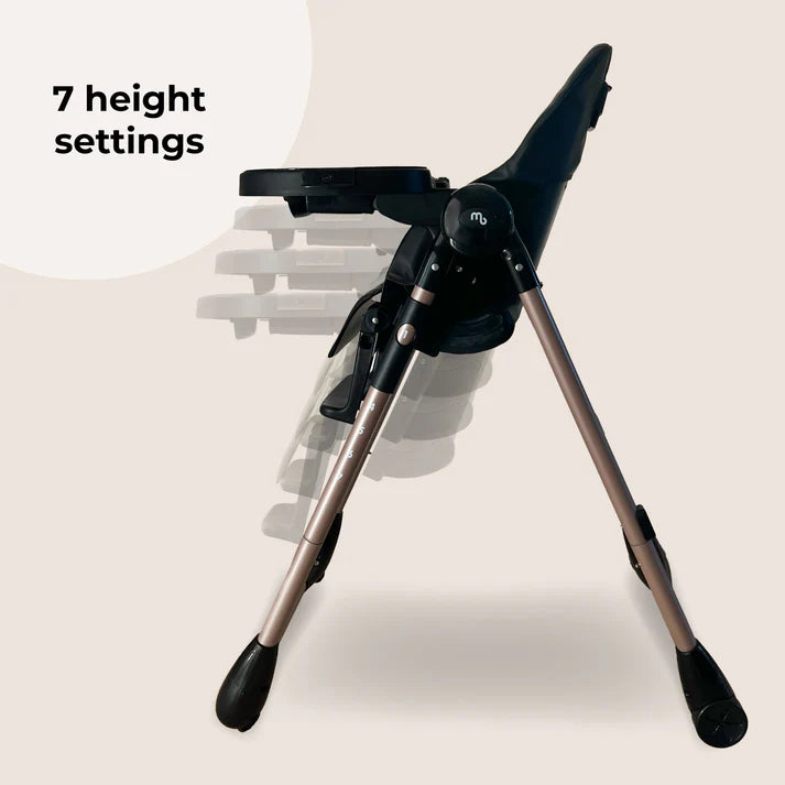 My Babiie MBHC9 Luxe highchair in black with adjustable height and metallic rose gold legs for toddler feeding