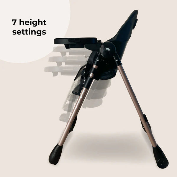 My Babiie MBHC9 Luxe highchair in black with adjustable height and metallic rose gold legs for toddler feeding