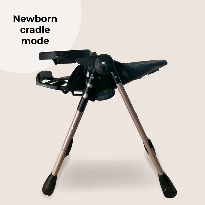 My Babiie MBHC9 Luxe highchair in black and rose gold with adjustable legs and padded seat for newborn cradle mode