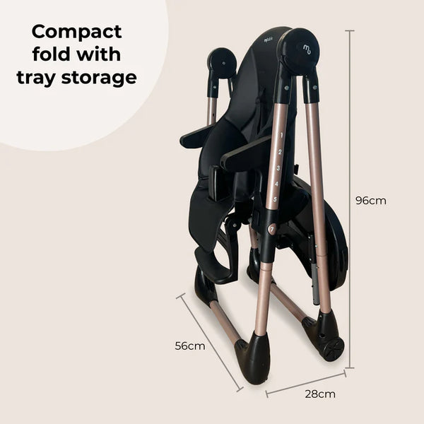 My babiie mbhc9 luxe foldable highchair in black and rose gold with tray storage for easy feeding and compact use